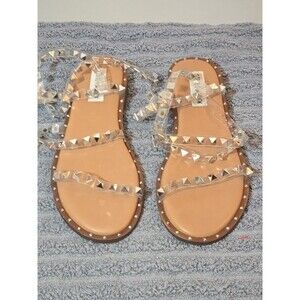 Steve Madden Travel Clear Rhinestone Leather Embellished Flat Sandal Size 6